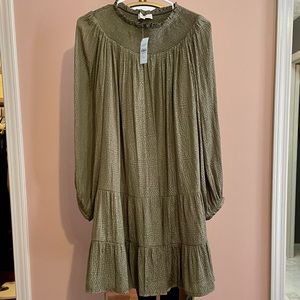 LOFT green smocked neck dress NWT